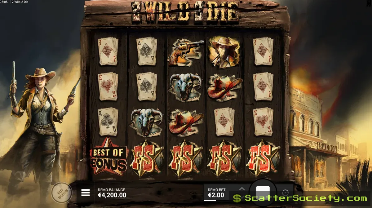 2 Wild 2 Die base game grid showing a Silver revolver firing bullets at random positions to place wild symbols