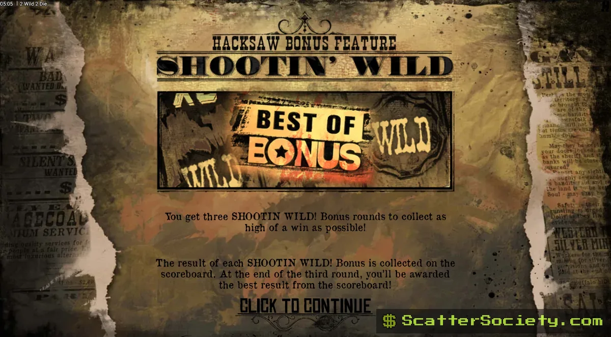 2 Wild 2 Die grid showing a Golden revolver creating a wild multiplier before Silver revolvers fire additional bullets