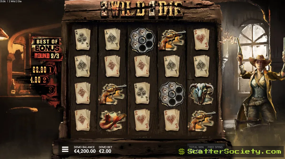 2 Wild 2 Die Best of Bonus feature showing three consecutive bonus round attempts with sticky wild multipliers compounding