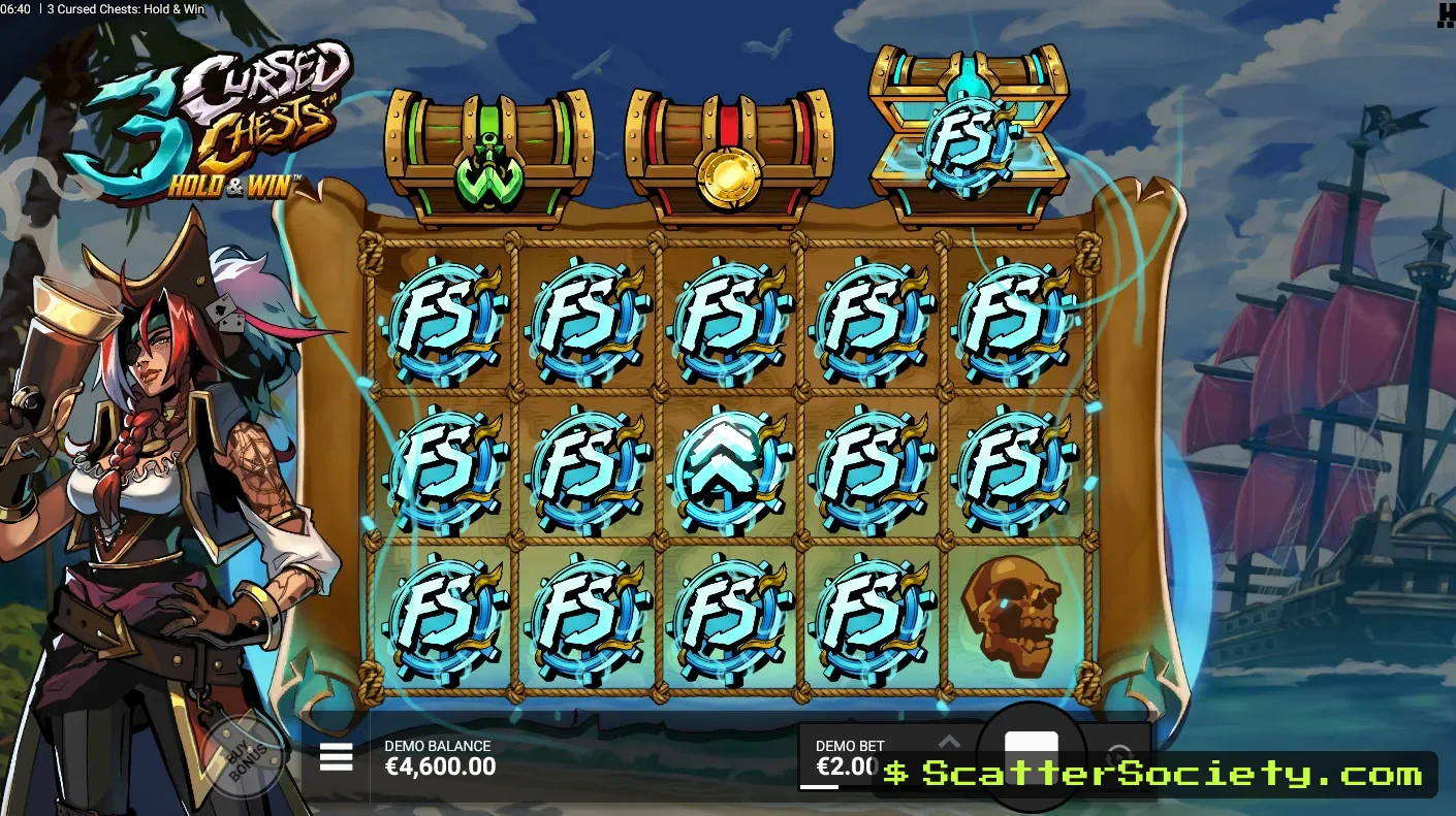 3 Cursed Chests base game grid showing three color coded chests above the reels each charged by a matching pot symbol