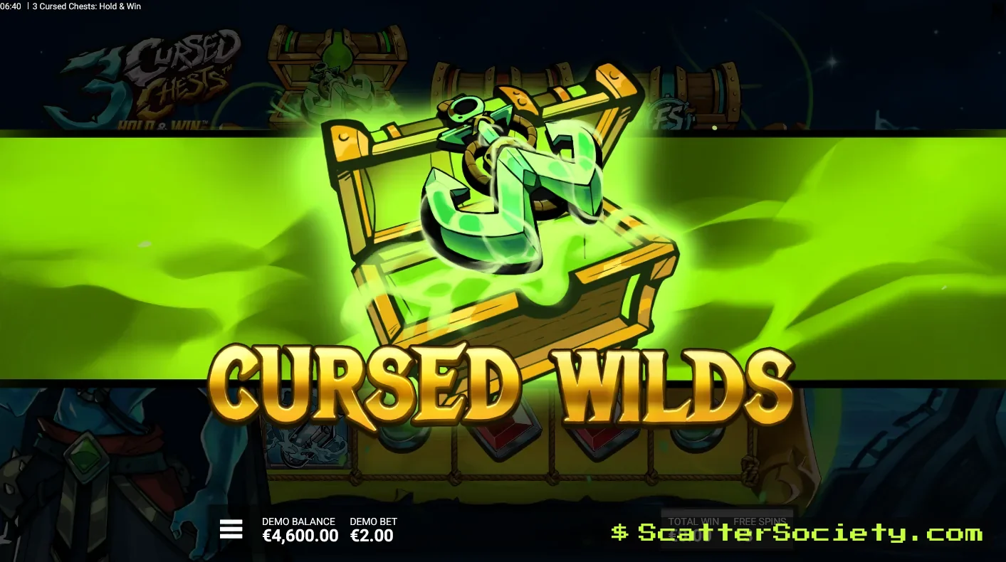 3 Cursed Chests grid showing the Cursed Coins Bonus Hold and Win sequence with sticky coin values across the grid