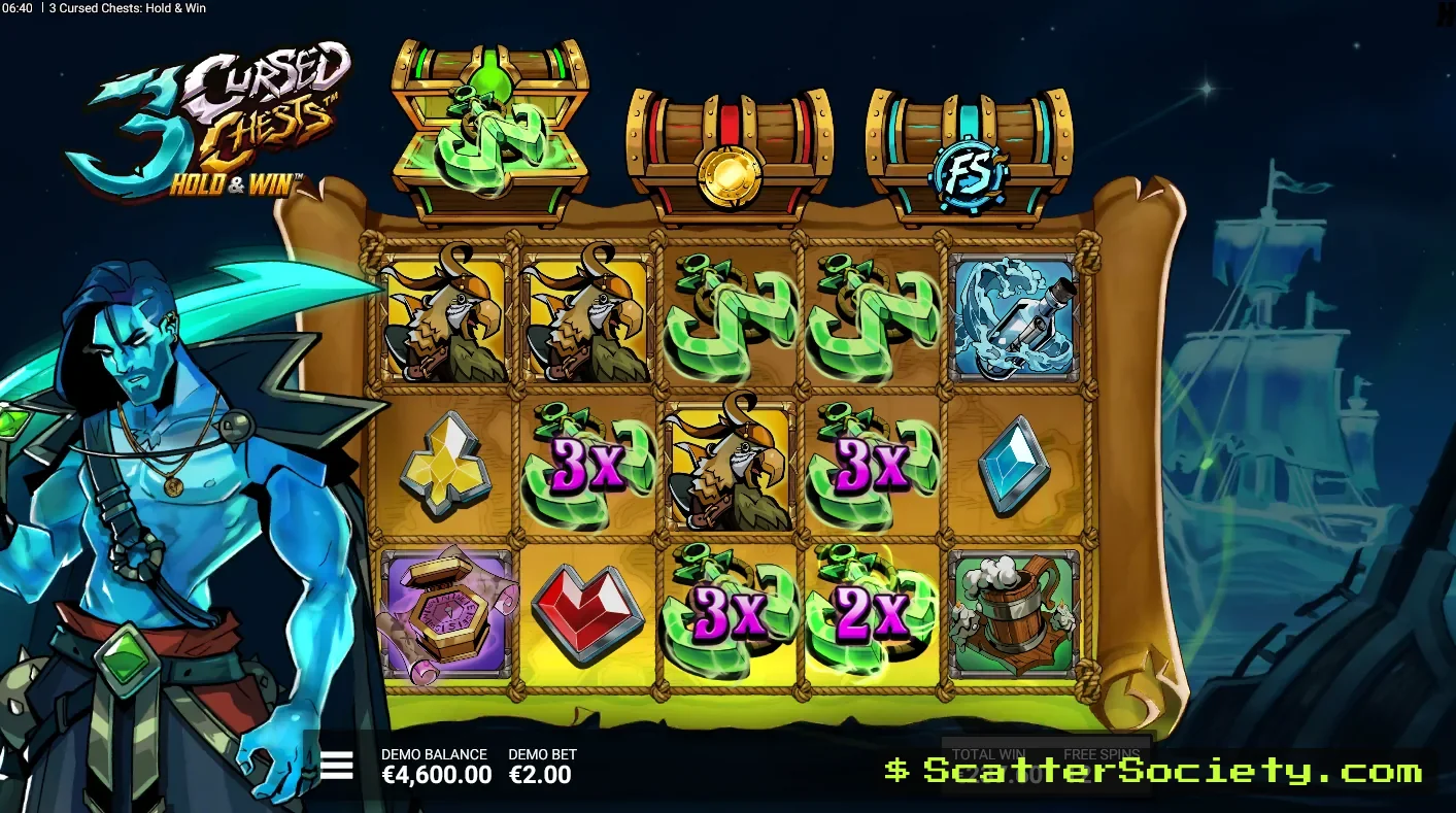 3 Cursed Chests Ghostly Gallows bonus screen showing every pot symbol instantly activating its matching chest
