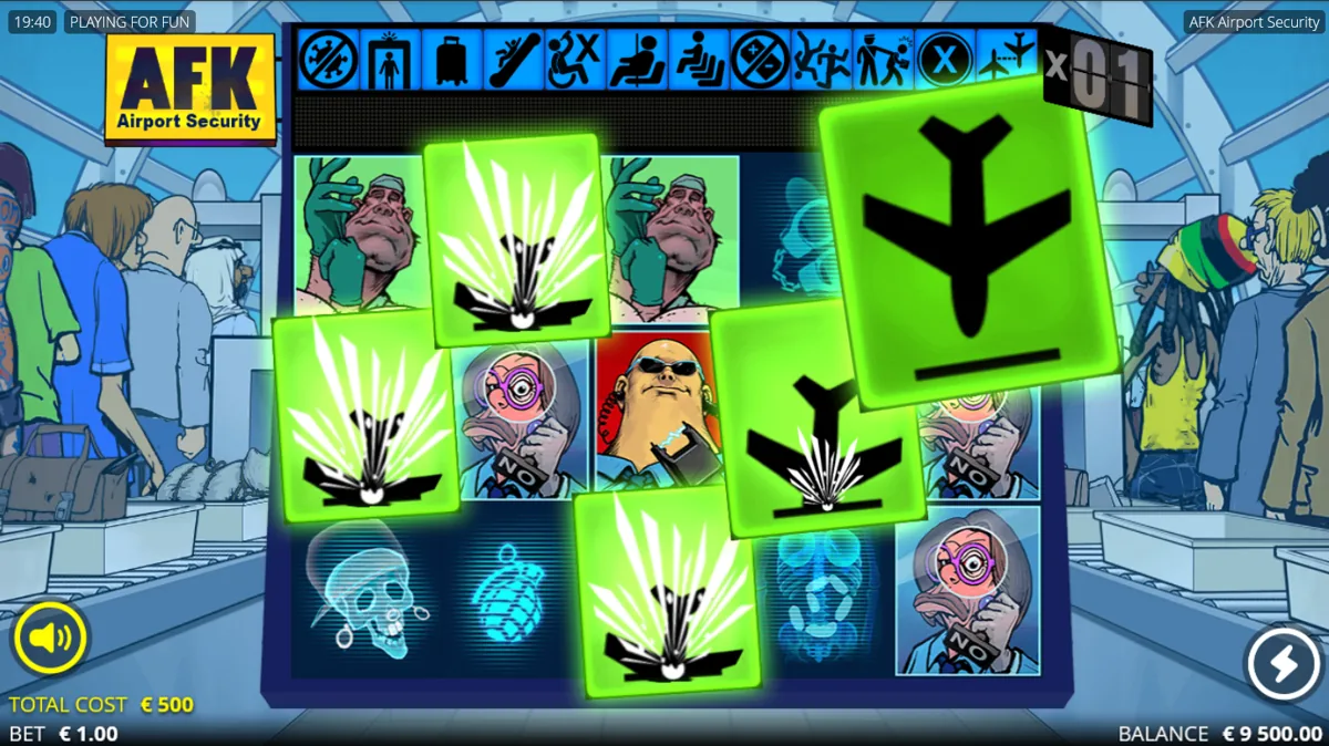 AFK Airport Security base game showing multiple green tumbling airplane symbols across the grid