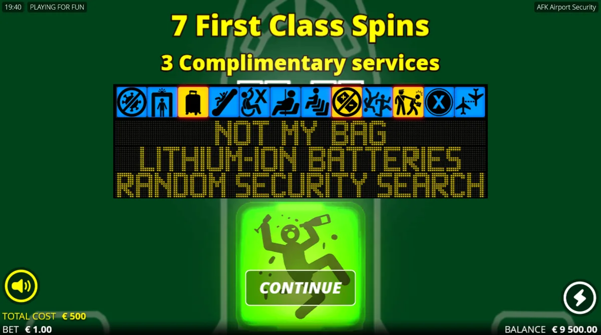 AFK Airport Security bonus screen awarding 7 First Class Spins and 3 Complimentary services