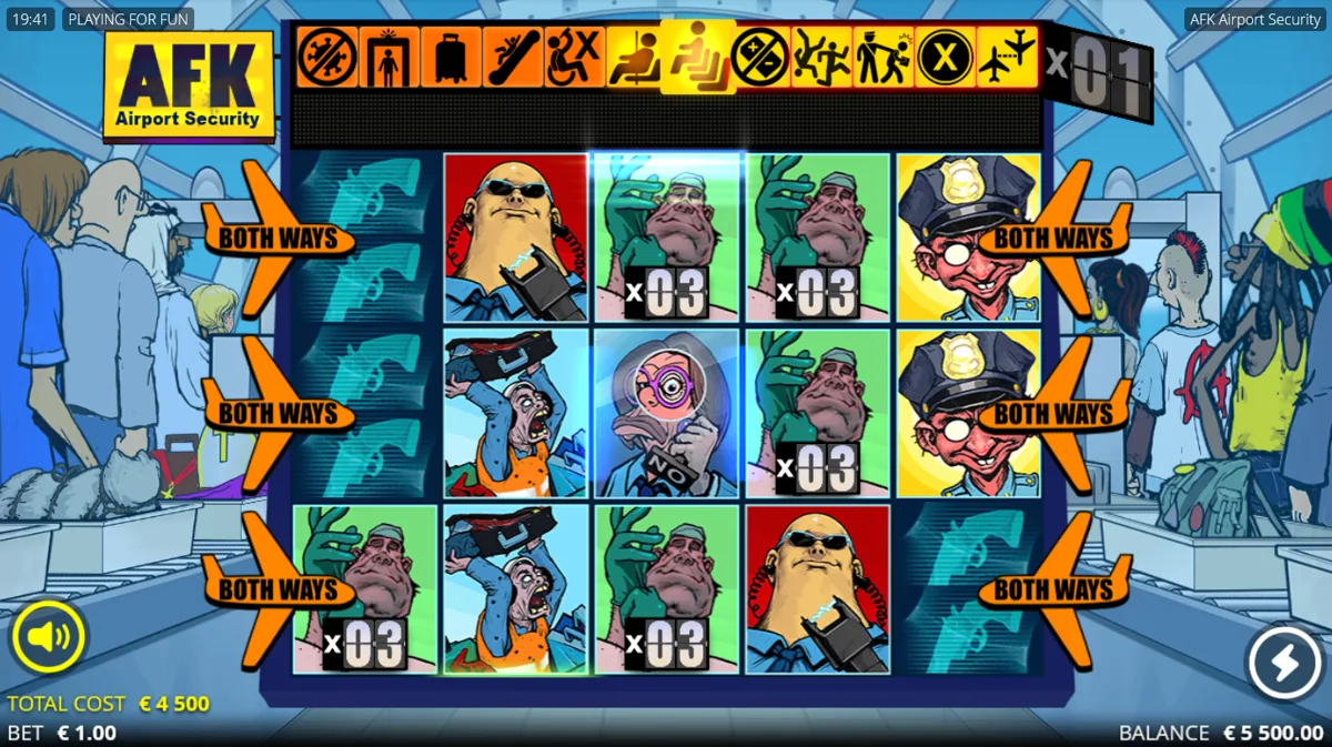 AFK Airport Security bonus round showing multiple Both Ways multiplier symbols worth x03 each