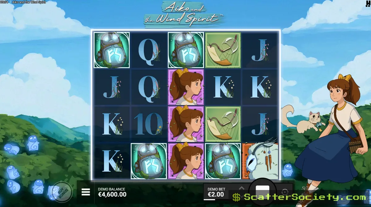 Aiko and the Wind Spirit base game grid showing a Wind Spirit symbol expanding into a wild multiplier among watercolor countryside icons