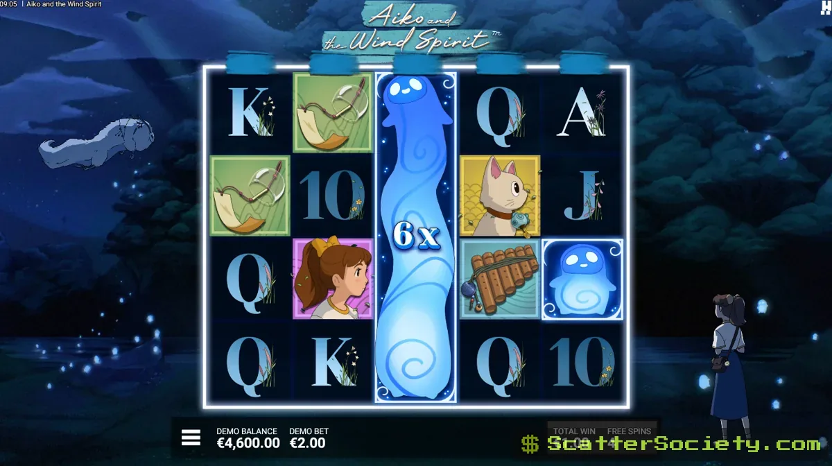 Aiko and the Wind Spirit Whispering Winds bonus screen showing the Memory mechanic snowballing multiplier values across several spins