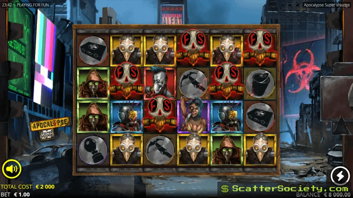 Apocalypse Super xNudge base game grid showing a stacked xNudge Wild symbol nudging down the reel