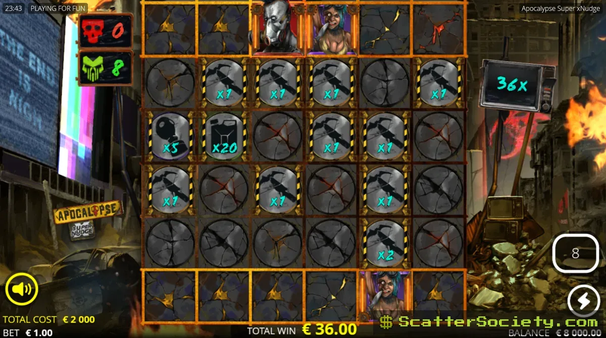 Apocalypse Super xNudge Cataclysm Spins bonus screen showing the second stage with character modifiers boosting collected multiplier values