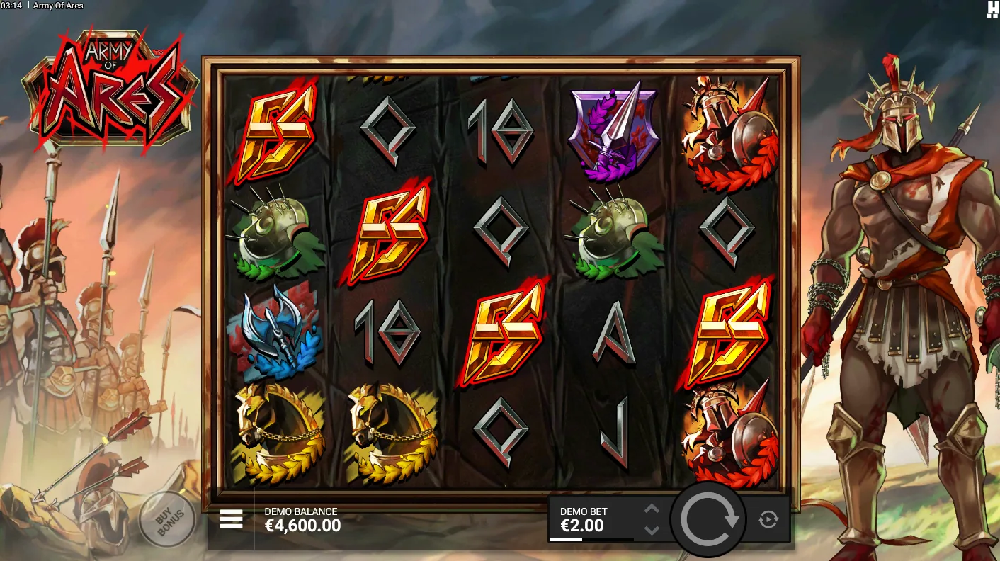 Army of Ares base game grid showing a Wrath Reel fully covering a reel with a revealed multiplier value
