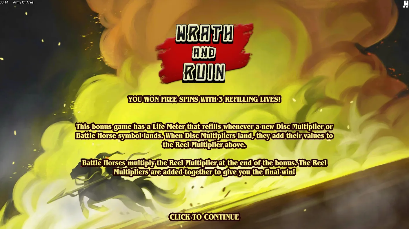 Army of Ares Wrath and Ruin bonus screen showing Green and Red Disc Multipliers combining with a Battle Horse symbol