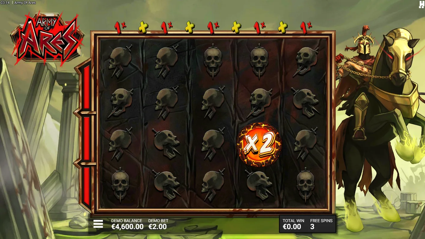 Army of Ares Ares Ascends hidden bonus screen showing a full grid of Disc Multipliers guaranteed from the first spin