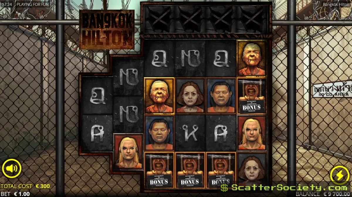 Bangkok Hilton base game grid showing an inmate character symbol connecting across several reels