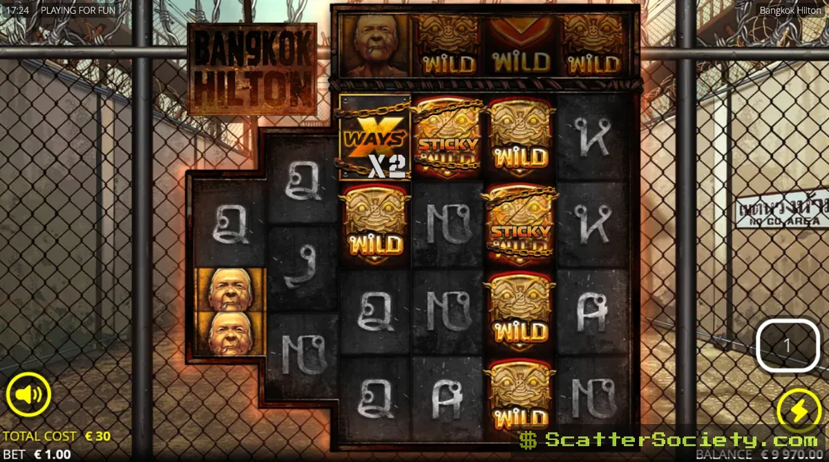 Bangkok Hilton Execution Spins bonus screen showing all four Enhancer Cells unlocked with sticky xWays symbols in place