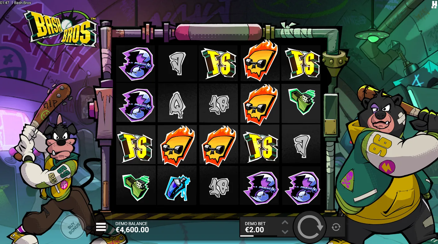Bash Bros base game grid showing a Cash symbol expanding to the top of the reel to form a Cash Stack