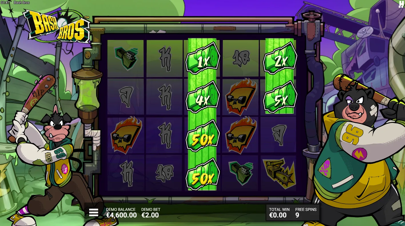 Bash Bros Reactor Riot bonus screen showing both Oskar and Fred acting together to multiply a Cash Stack