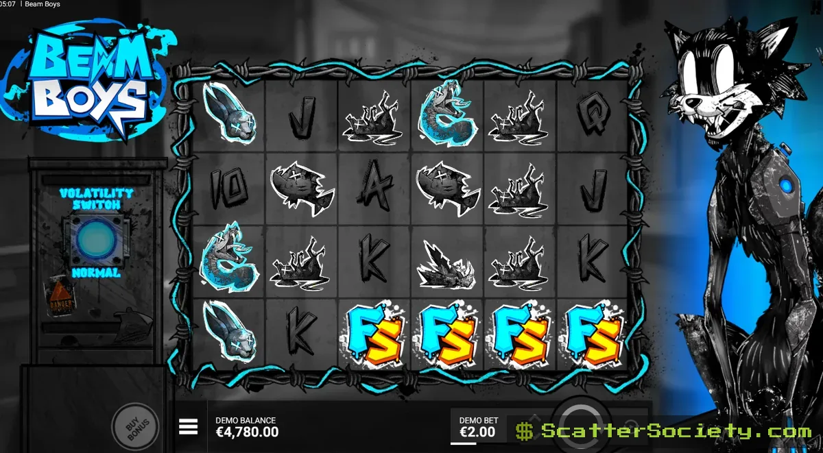 Beam Boys base game grid showing a Wild Laser Cat symbol shooting a beam leftward across an entire row of symbols