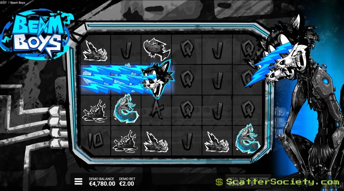Beam Boys Photonic Fur Bonus screen showing multiple Wild Rows activating simultaneously across the expanded 6x4 grid