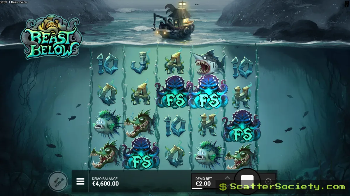 Beast Below base game grid showing a Siren symbol expanding upward to cover an entire reel as part of a winning combination