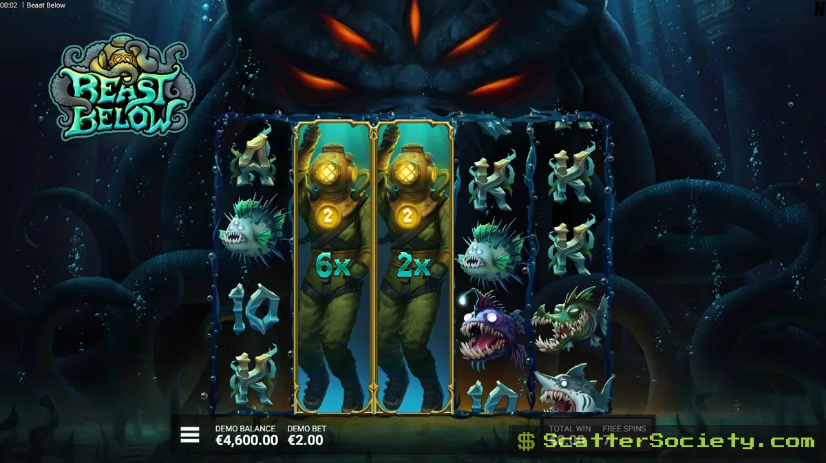Beast Below Down Below bonus screen showing multiple expanded Siren wilds stacking across several reels simultaneously