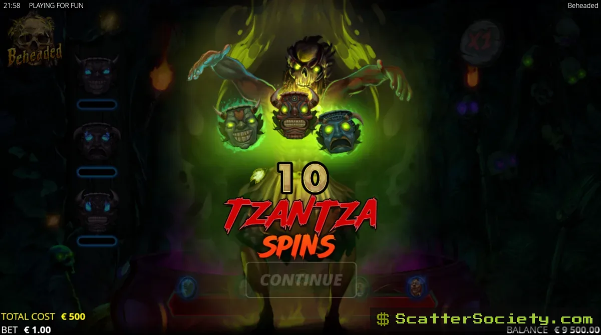 Beheaded base game grid showing multiple shrunken head Tzantza symbols cascading with a progression bar beneath the reels