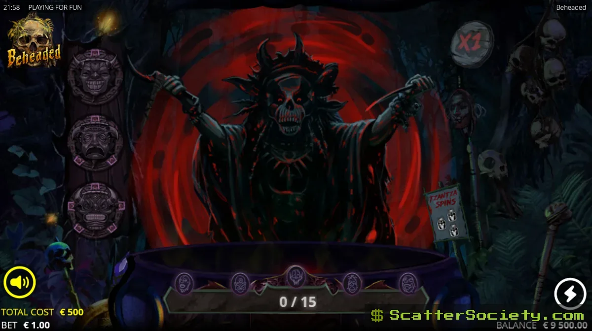 Beheaded Pick A Potion gamble screen showing multiple potion options including the Skull Bottle for a chance at the max win