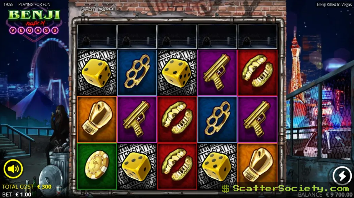 Benji Killed in Vegas base game grid showing a Dead Presidents symbol nudging fully into view on the first three reels
