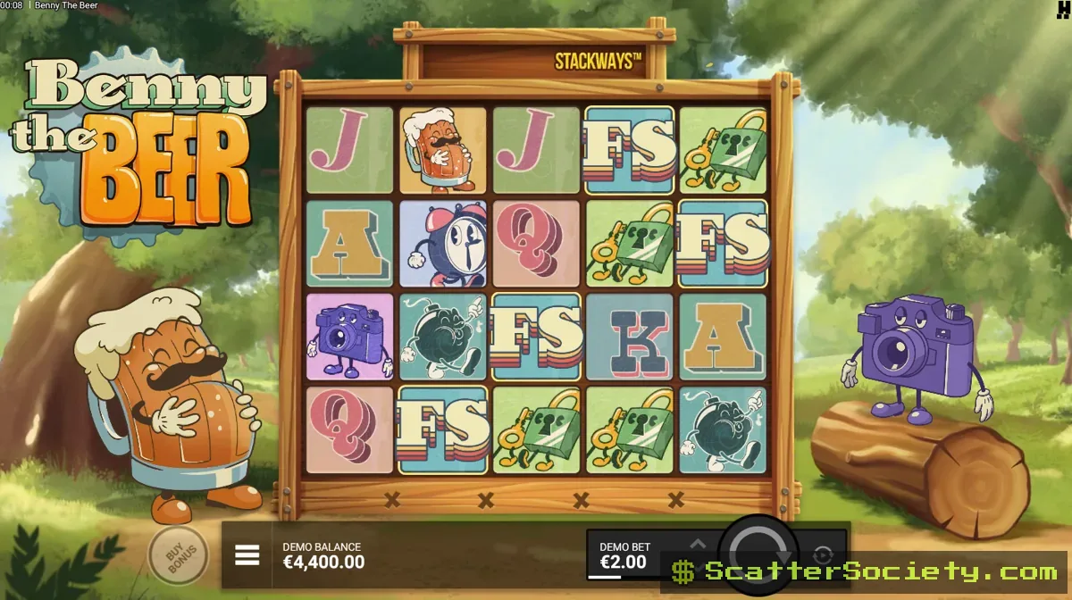 Benny the Beer base game grid showing a Normal Stackways symbol stacking four rows high on a single reel
