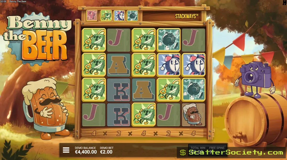 Benny the Beer Super Book of Stackways bonus screen showing multiple stacked reels expanding the ways to win significantly