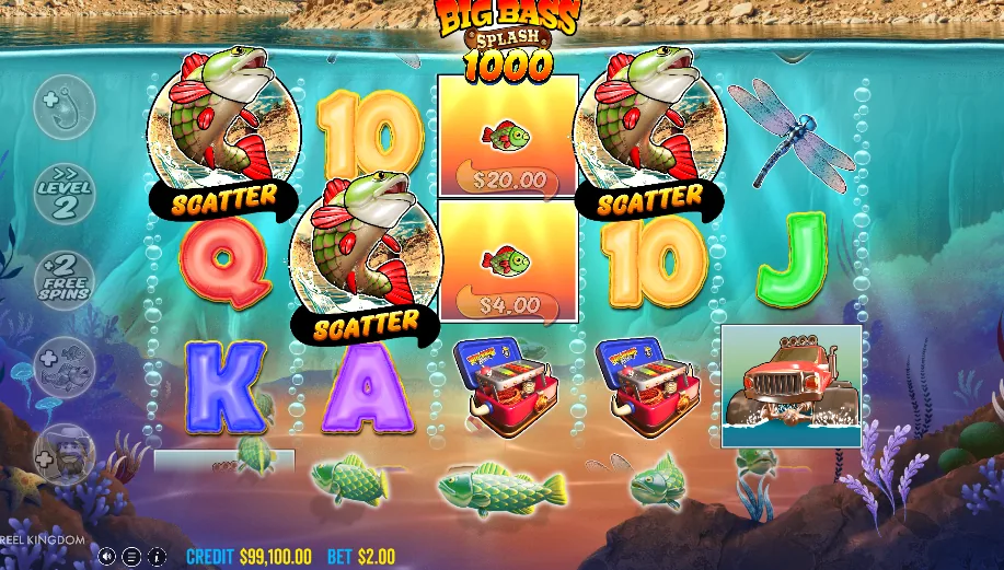 Big Bass Splash 1000 base game with scatter symbols and cash value fish symbols on the grid