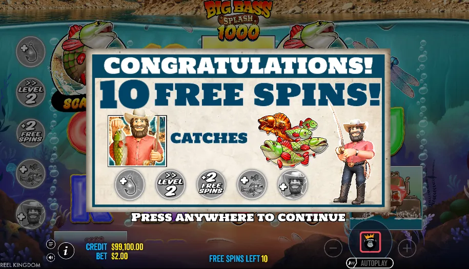 Big Bass Splash 1000 congratulations screen awarding 10 free spins