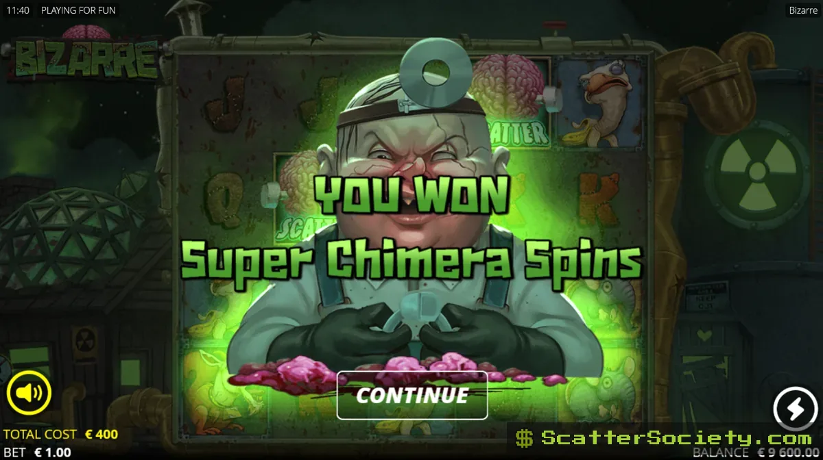 Bizarre free spins bonus screen showing sticky wild symbols aligned across three reels with a growing multiplier