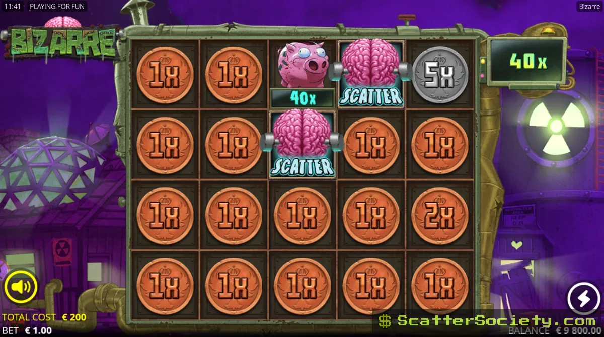 Bizarre Coinage feature screen showing multiple gold coin symbols worth up to 1000x scattered across the grid