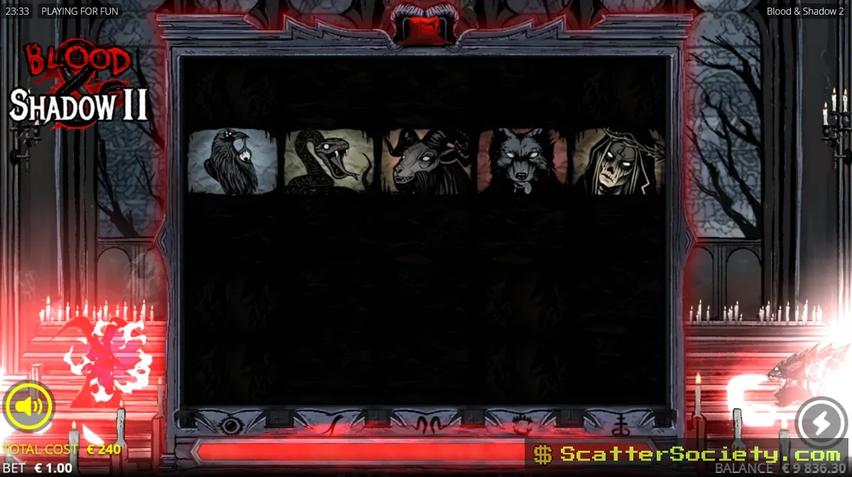 Blood and Shadow 2 base game grid showing crow, snake and goat symbols cascading with the Ritual Bar visible below
