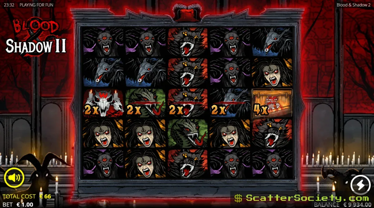 Blood and Shadow 2 Reign of Terror Spins bonus screen showing a full 5x5 grid filled entirely with high-paying character symbols