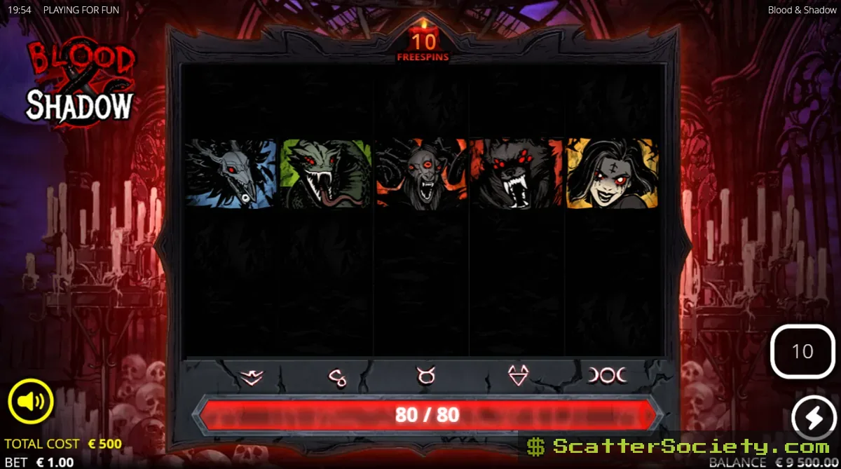 Blood and Shadow base game grid showing the Collection Meter tracking medium and high value symbols beneath the reels