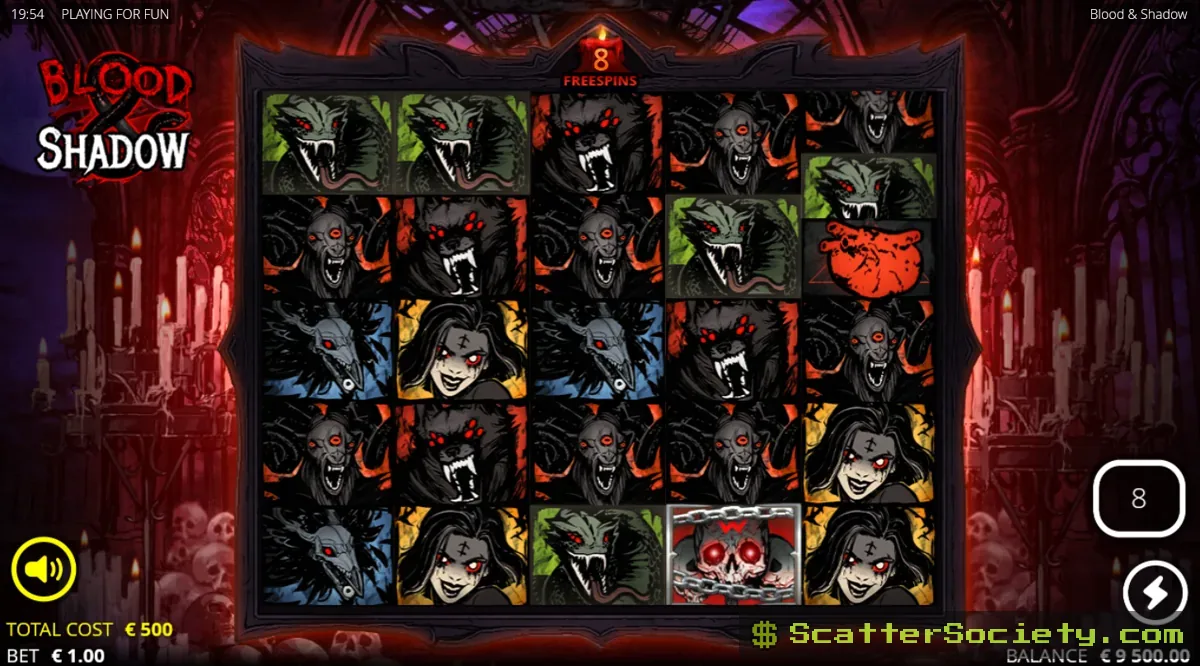 Blood and Shadow Cursed Spins bonus screen showing a full 5x5 grid populated entirely with high paying demon symbols