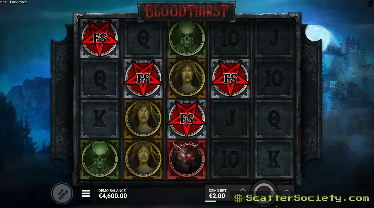 Bloodthirst base game grid showing four stacked monster symbols preparing to expand into a Monster Reel