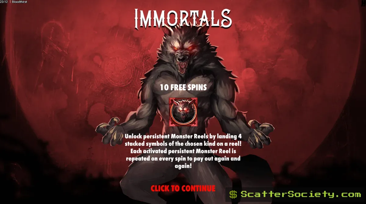 Bloodthirst grid showing the Demon Monster Reel fully expanded across an entire reel awarding an instant 2,500x payout