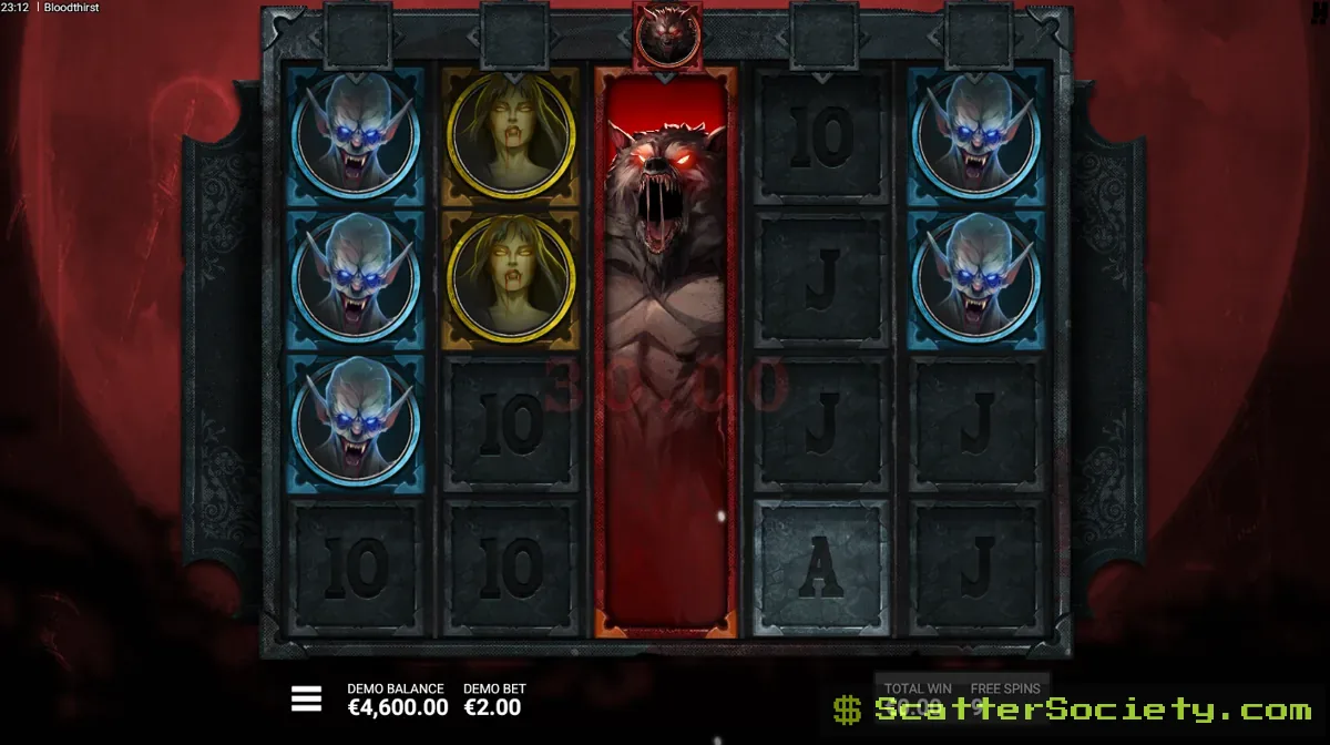 Bloodthirst Immortals Free Spins bonus screen showing the Upgrade Scatter symbol elevating the main monster symbol to a higher tier