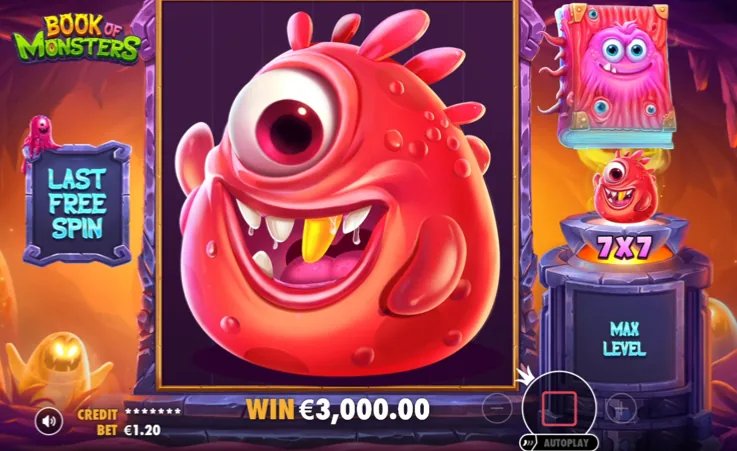 Book of Monsters bonus round showing a giant expanded monster symbol filling the screen