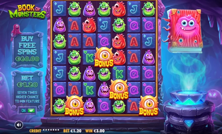 Book of Monsters cluster pays grid filled with monster and card symbols plus bonus coins