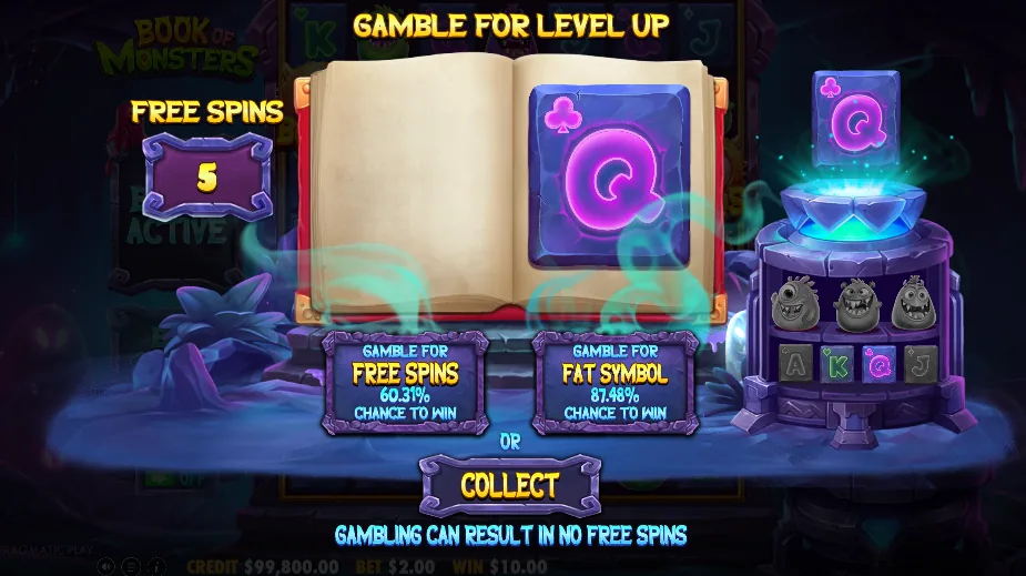 Book of Monsters gamble screen offering a choice between extra free spins or a bigger Fat symbol