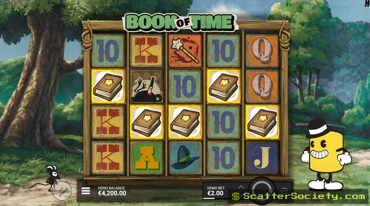 Book of Time base game grid showing the Book Symbol alongside the Clock Man scatter on the reels