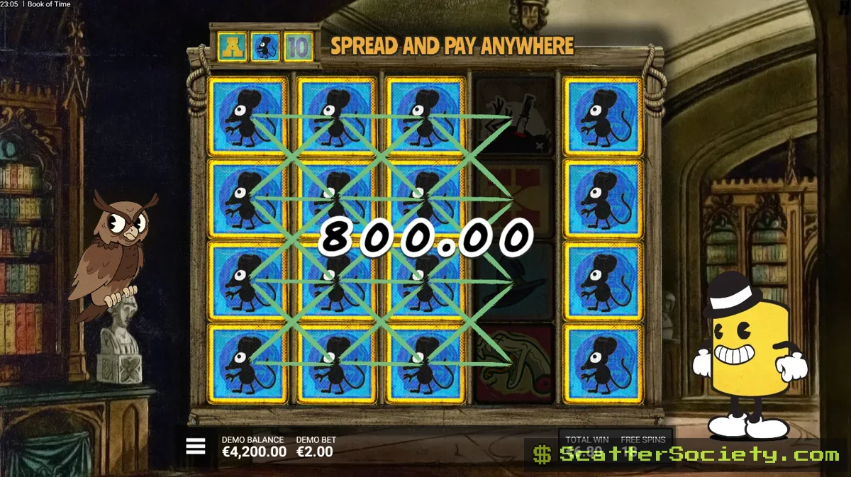 Book of Time What Time Is It bonus screen showing a time-based multiplier mechanic climbing during an active round