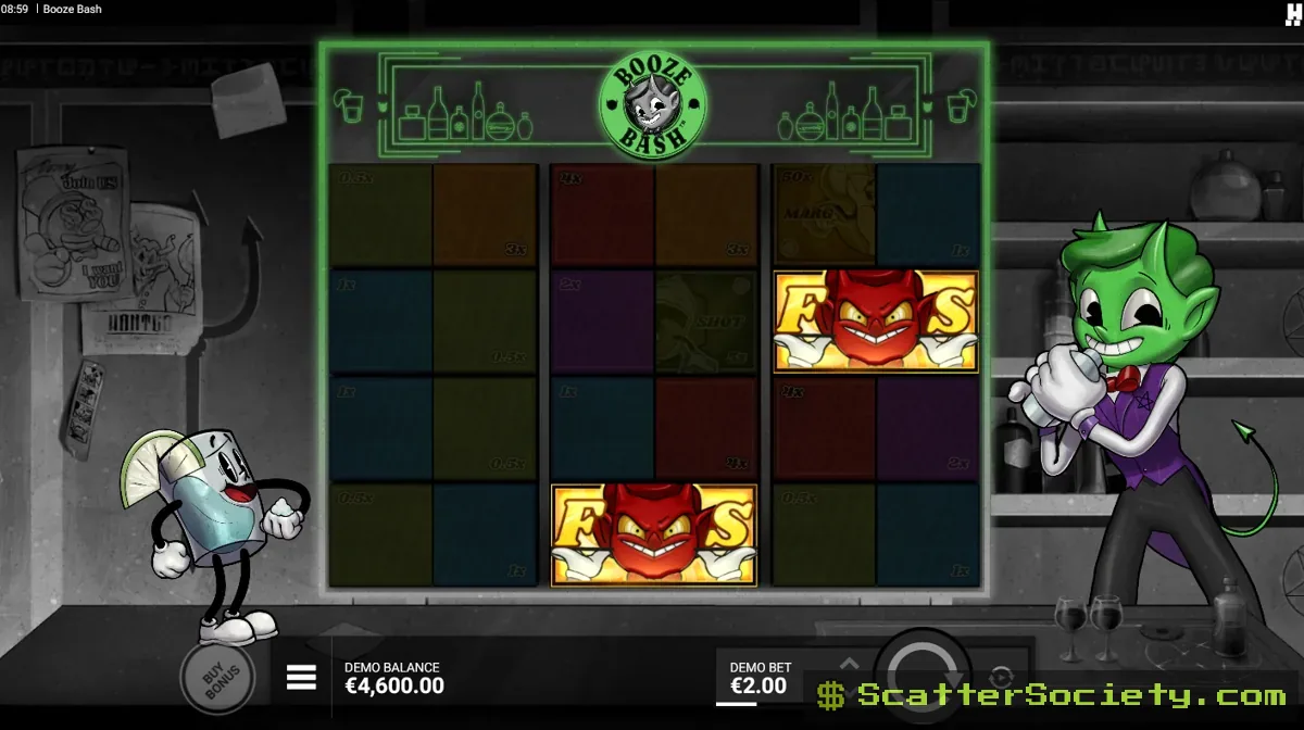 Booze Bash base game grid showing matching symbol halves connecting across a reel pair segment