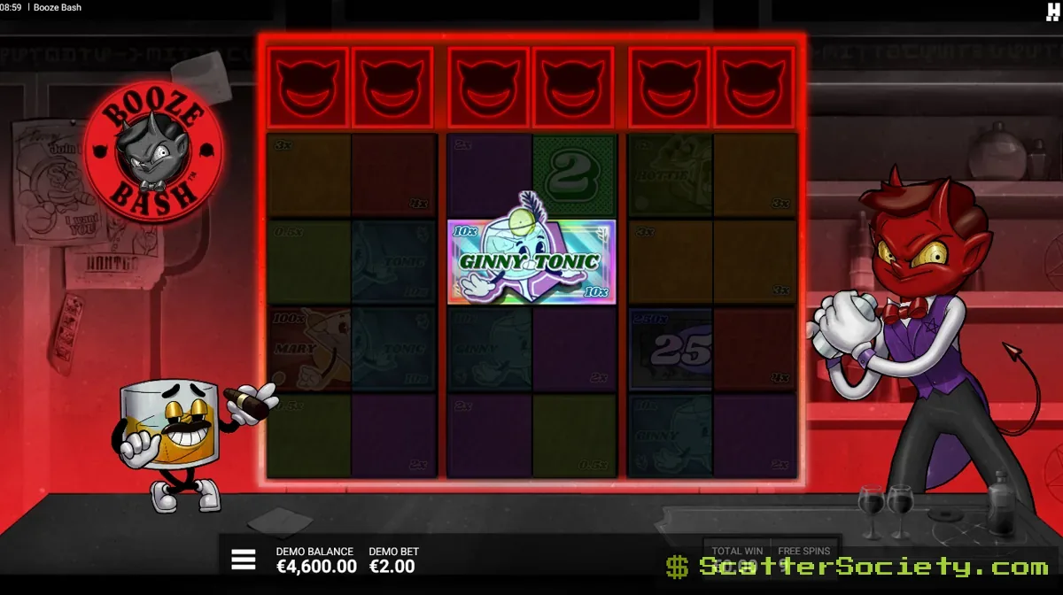 Booze Bash Hells Happy Hour bonus screen showing an expanded grid with multiple Multiplier Pairs compounding together