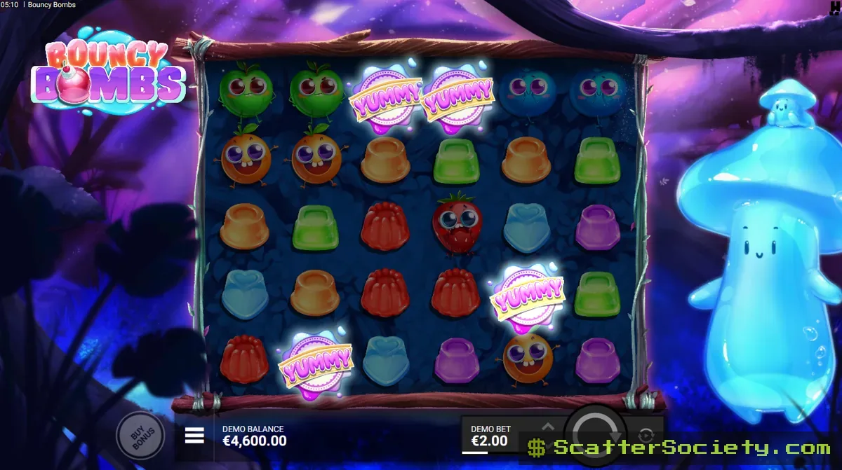 Bouncy Bombs base game grid showing multiple bomb multiplier symbols collecting in the total win bar during a cascade