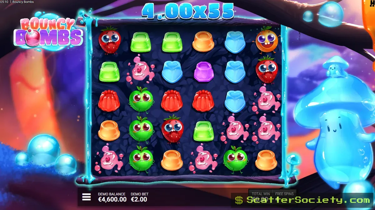 Bouncy Bombs Bombastic Fantastic Bonus screen showing a guaranteed bomb multiplier active on every spin of the free spins round