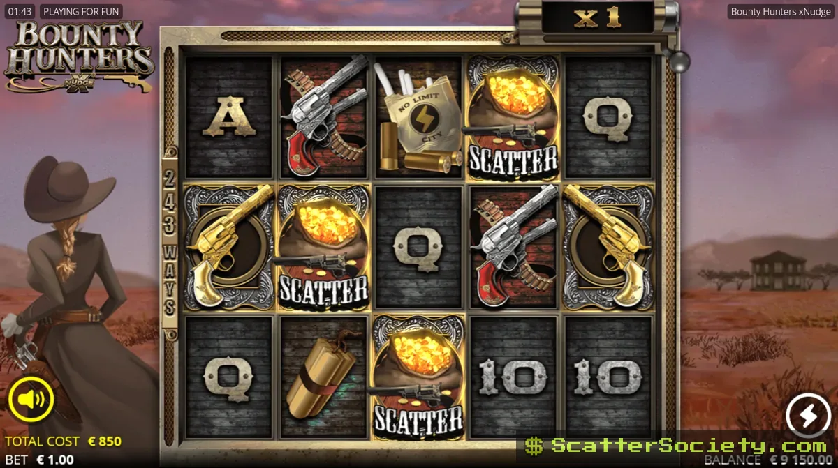 Bounty Hunters base game grid showing a stacked Bounty Hunter Wild symbol nudging to cover its entire reel